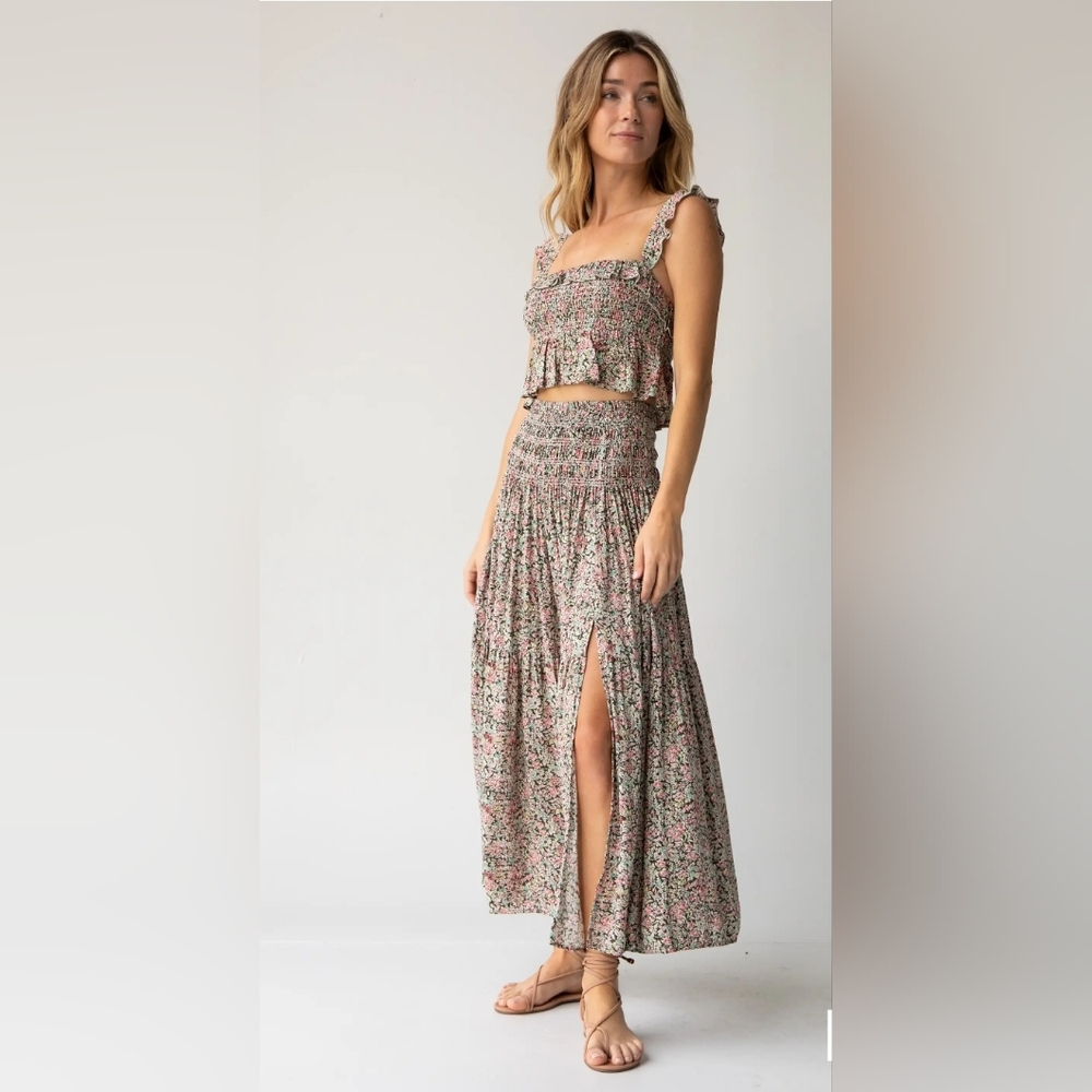 Natural life Angelina Midi Skirt - Green Pink Leaf size XS women's NWT